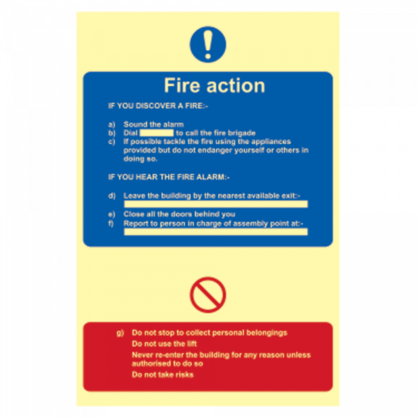 ASEC Photoluminescent Fire Action Procedure Sign 200mm x 300mm